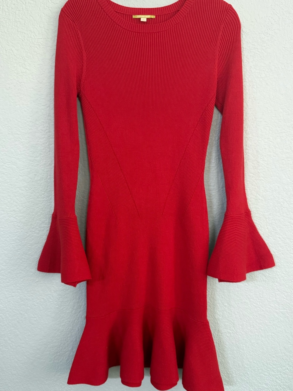 Gianni Bini Red Ribbed Knit Dress Bell Sleeve Flounce Hem Bodycon Size M